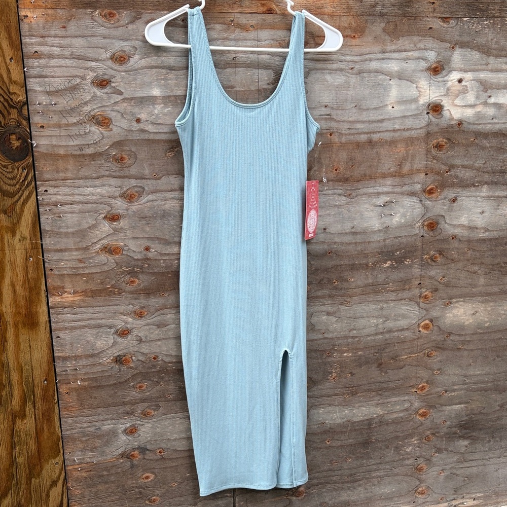 Light Blue Ribbed Tank Midi Dress with Side Slit